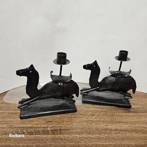 Vintage 70s Pair of Handmade Metal Artwork Camel Candleholders